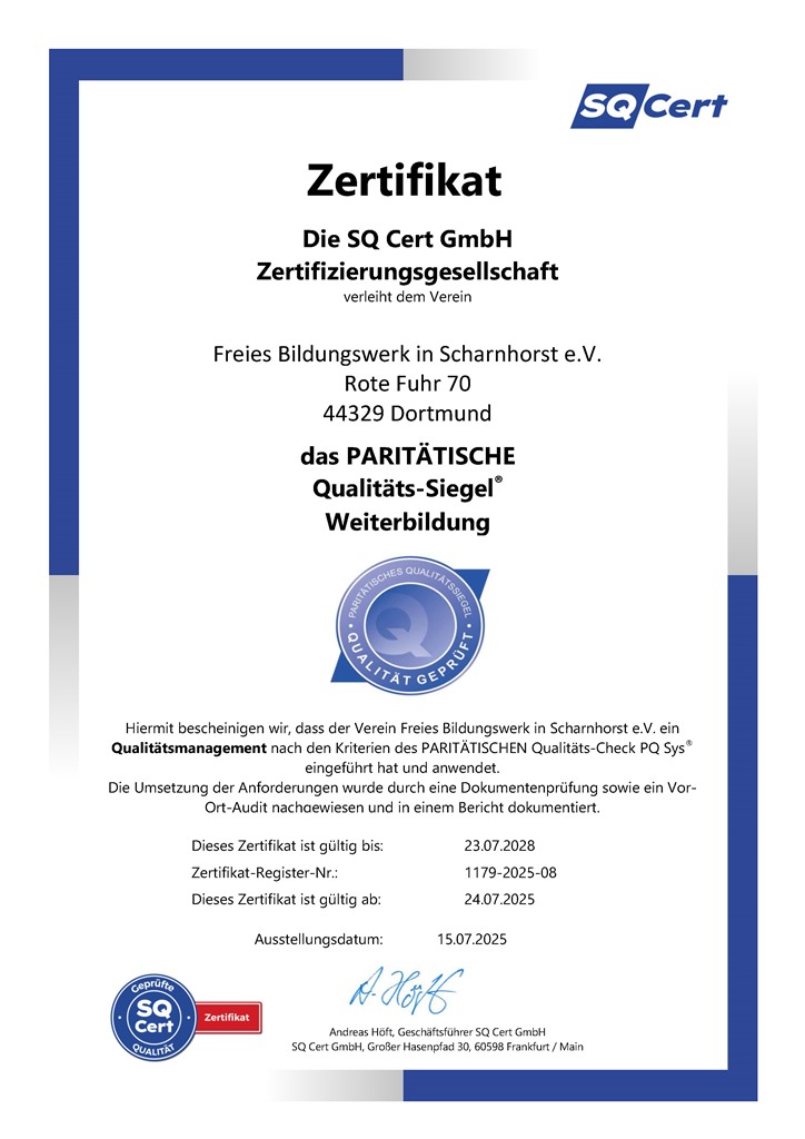 Paritätisches Qualitätssiegel fürs Freie Bildungswerk